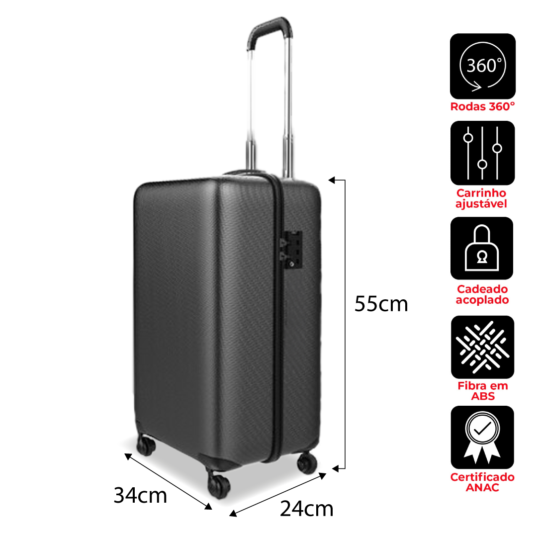 Mala de Viagem de Bordo Roda Giro 360 Grau Rígida Brasil 24x55x34cm Black Gray - 6