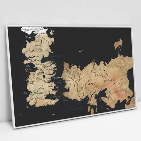 Quadro Decorativo Mapa Game Of Thrones em Tela Canvas Tacolado Moldura Flutuante 4,5cm Branca 80 X 1
