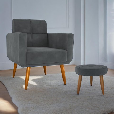 Conjunto de Poltrona e Puff Decorativos Miller Veludo Cinza