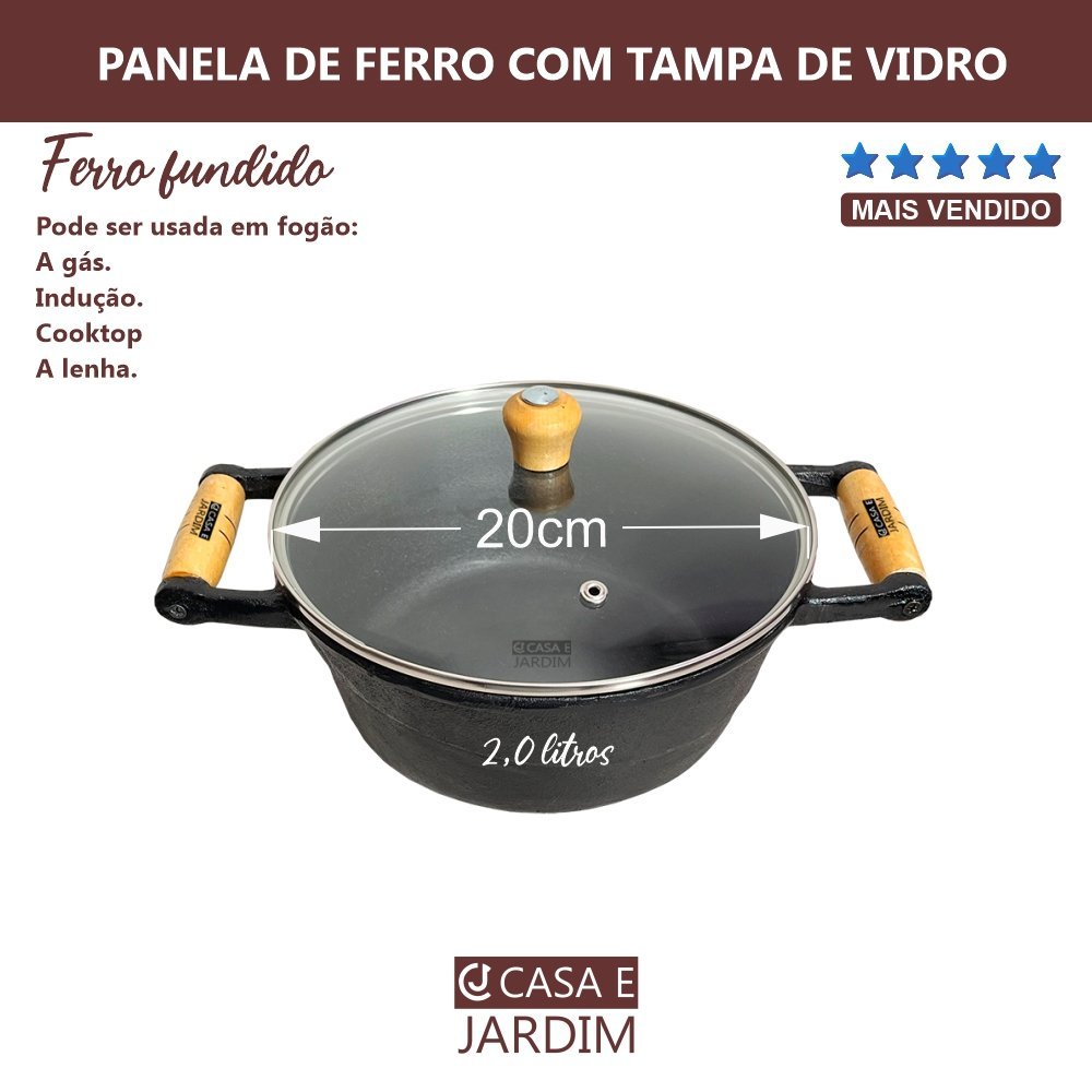 Panela Caçarola de Ferro Alça de Madeira C/ Tampa Vidro 20cm - 3