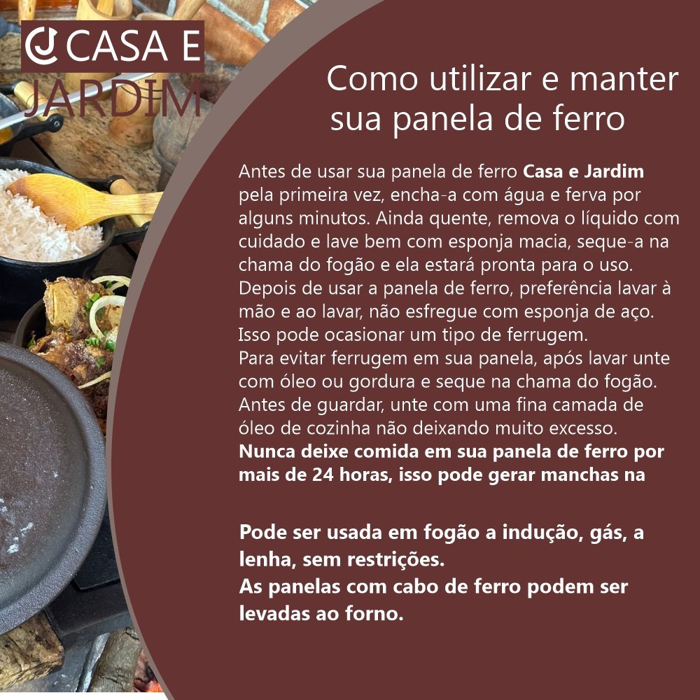 Panela Caçarola de Ferro Alça de Madeira C/ Tampa Vidro 20cm - 5