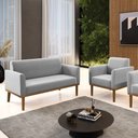 Ver imagem 2 de Sofá Namoradeira com Poltrona Base de Madeira Fixa Castanho Marisa Suede Cinza - D'Rossi