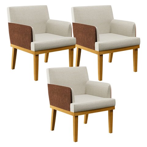 Kit 3 Poltronas Decorativas Sala De Estar Beatriz W01 Linho Champagne Couríssimo Camel - Lyam