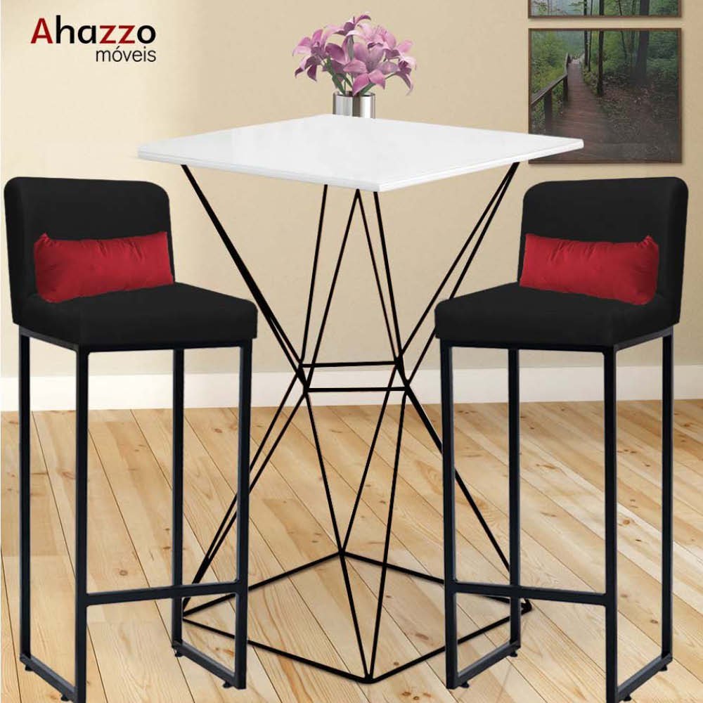 Kit Mesa Bistrô Lucca e 4 Banqueta Lucca Tampo Branco Ferro Preto Suede Preto e Almofada Vermelho -  - 2