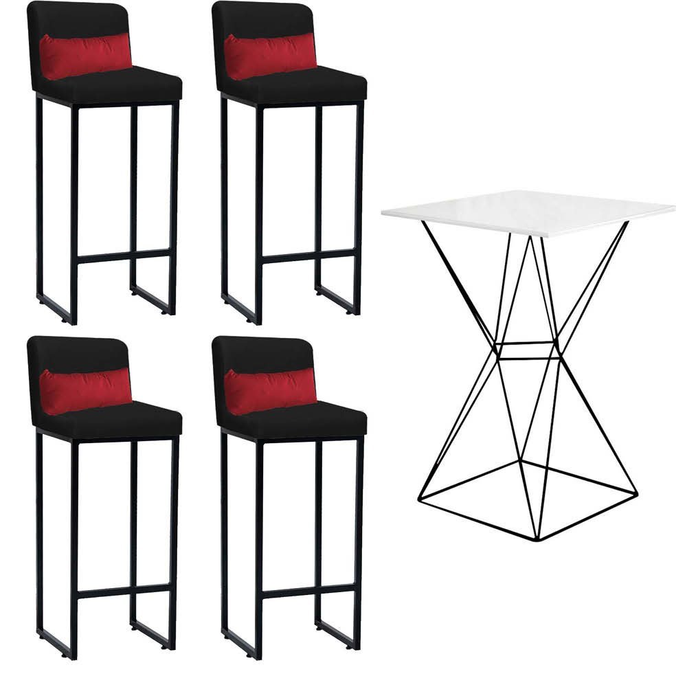 Kit Mesa Bistrô Lucca e 4 Banqueta Lucca Tampo Branco Ferro Preto Suede Preto e Almofada Vermelho -  - 1
