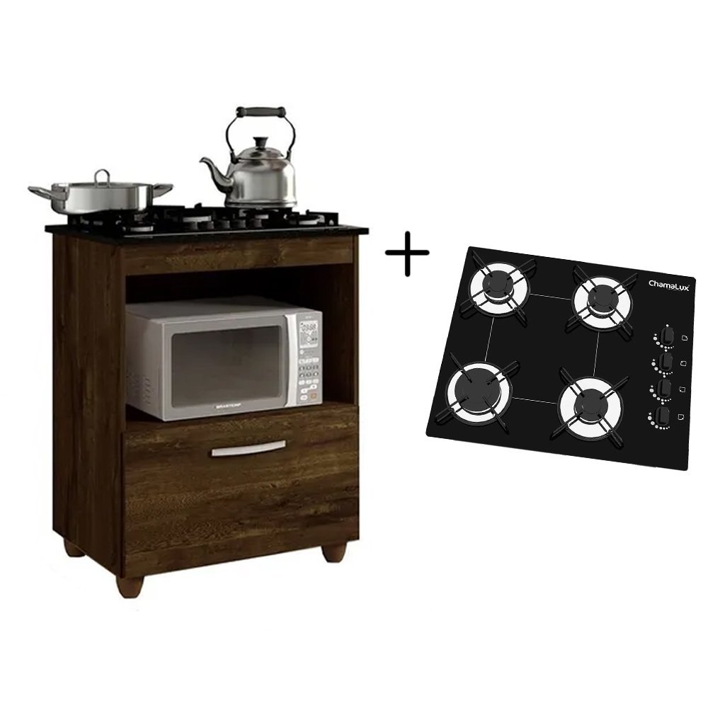 Kit Balcão 1 Porta Ypê Kaiki + Fogão Cooktop 4 Bocas e Jogo Panelas Inox 5pçs - 2