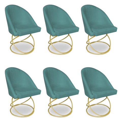 Kit 06 Cadeiras Poltrona de Jantar Bela Suede Azul Turquesa Base Metálica Luxo Dourado - Pallazio