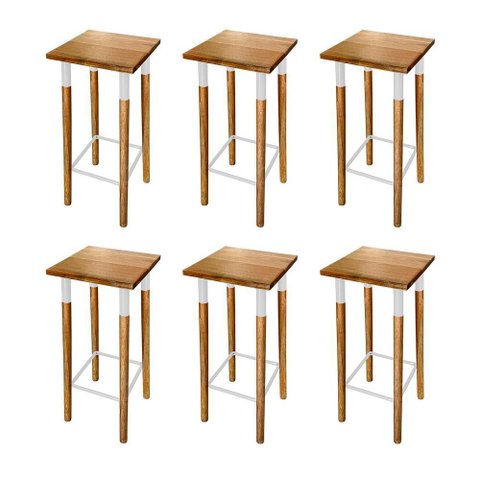 Kit 6 Banquetas Bistro Industrial Colors Ferro e Madeira Maciça - Branca Branco
