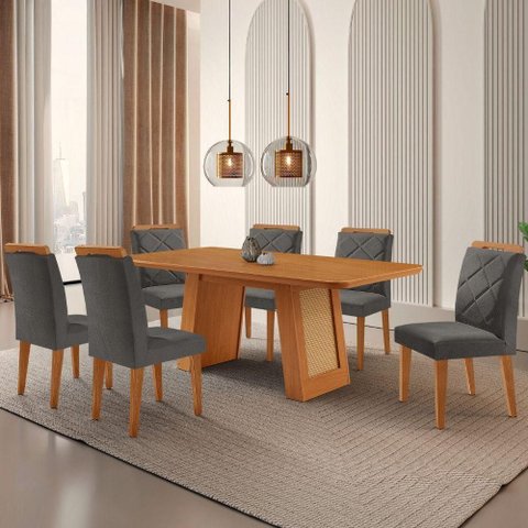 Mesa de Jantar Carolina com 6 Cadeiras Moderna Mobilia Veludo Grafite/naturalle Laminado