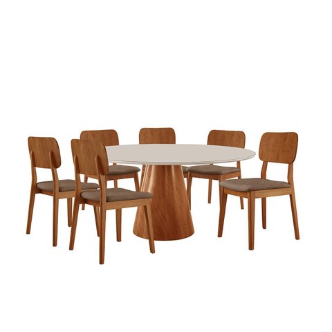 Conjunto Sala de Jantar Mesa Gênova 1.30cm Tampo Redondo Vidro/mdf Off White com 6 Cadeiras Valença