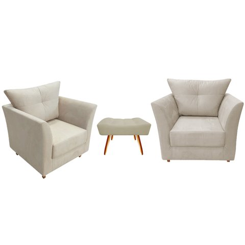 Kit 2 Poltronas Decorativa Isis + Puff Retangular Suede Bege Pés Madeira Ms Decor