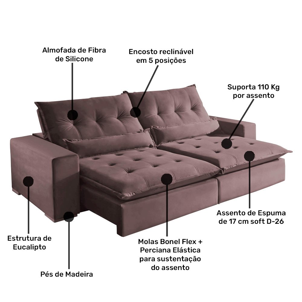 Sofá 4 Lugares Retrátil e Reclinável 2,5m Miami Jc Veludo Cinza 535 JC