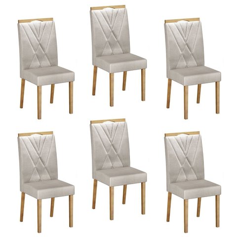 Kit 6 Cadeiras para Sala de Jantar Pés em Madeira Maciça Lara Bege/Cinamomo/Veludo Palha