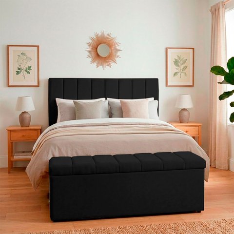Kit Cabeceira com Calçadeira Baú Eros Casal 140 cm para Cama Box Suede Preto Biselos-Decor