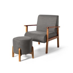 Conjunto Poltrona Estofada Júlia com Puff Redondo Berlim Cinza – Straub Web - 1