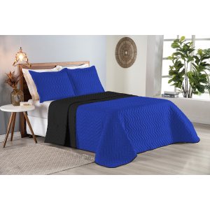 Colcha Cobre Leito Cama Queen 3 Pç Dupla Face Acolchoado Microfibra Azul Royal e Preto
