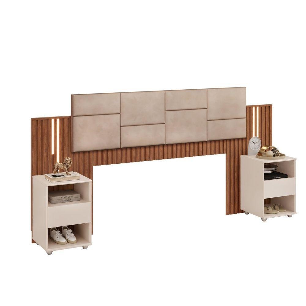 Cabeceira Estofada com Mesa Cabeceira e Led - 7 Decormoveis - Veludo Kraft