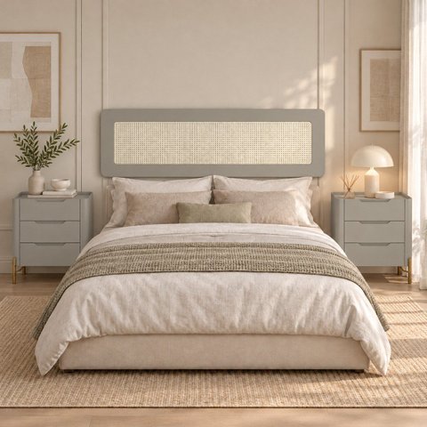 Kit Cabeceira Arco com Duas Mesas Bend Principal Incolar Grigio Metal Dourado