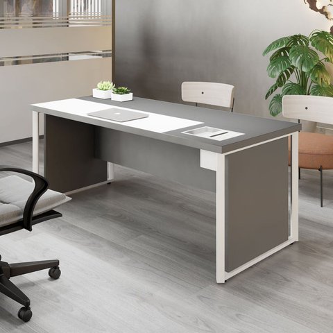 Escrivaninha Mesa Escritório Diretor com Caixa de Tomadas e Porta Objetos 200cm Corporate Cinza Sagrado e Branco