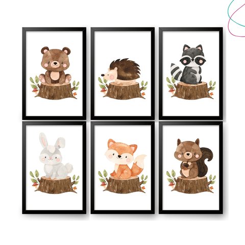 Kit com 6 Quadros Decorativos Animais do Bosque Aquarela:preta