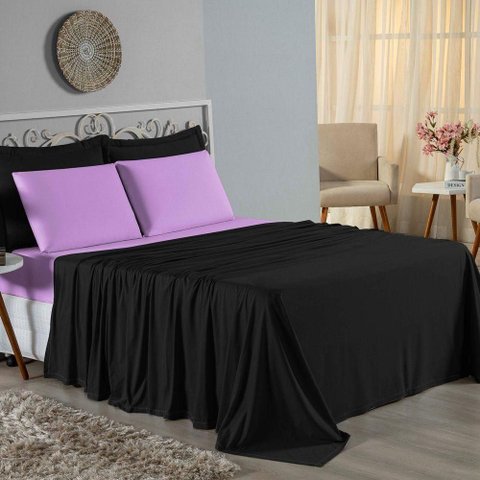 Jogo de Cama Casal Viúva Nobre 4 Peças Malha 100% Algodão - Preto / Lilás
