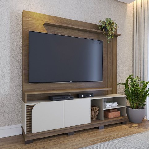 Estante Painel para TV 75 pol 182cm Mayer C04 Amêndoa Off White Matte - Lyam Decor