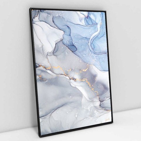 Quadro Decorativo em Canvas Abstrato Mármore Azul Celeste TaColado Moldura Flutuante 4,5cm Preta 60 