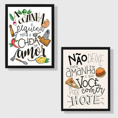 Kit 2 Quadros Frases Cozinha Humor 45x34cm - com vidro:Madeira preta