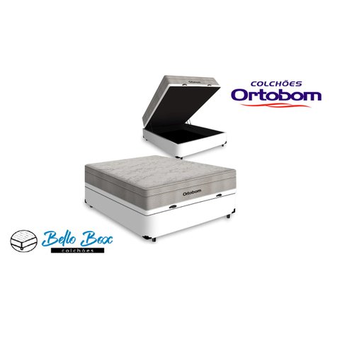Cama Box Baú Casal 138 Tecido Sintético Branco com Colchão Ortobom Airtech Spring Pocket D26 Bege 70