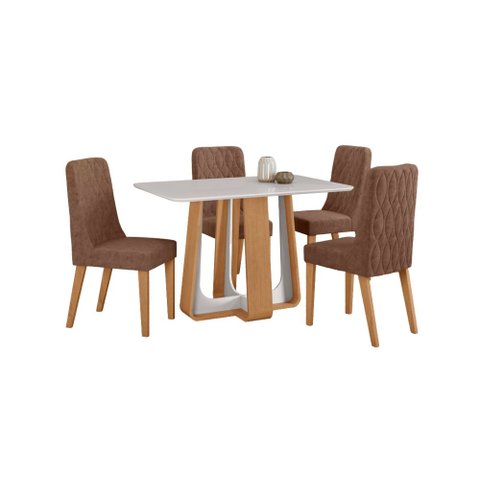Conjunto Sala de Jantar Mesa Sintonia 120 Tampo Vidro Off White com 4 Cadeiras Luar - Lopas Amendoa 