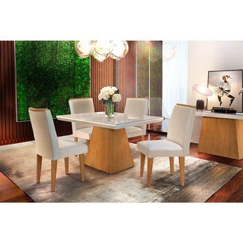 Sala de Jantar Completa Luna C/ Vidro 120cm + 4 Cadeiras Lunara Imbuia/veludo Creme - Rufato