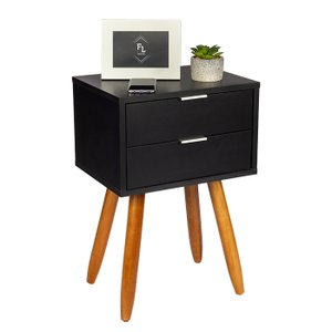 Mesa de Cabeceira Retrô 40cm Preto 2 Gavetas Pés Palito Madeira Maciça - Enviamos Montado