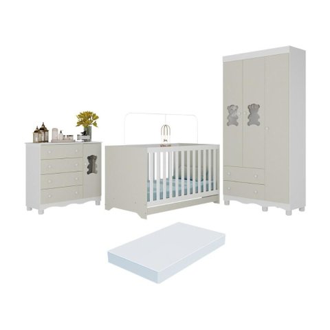 Quarto de Bebê Completo C/berço Americano 3 em 1 Colchão Ternura Multimóveis Mp4671 Branco/off