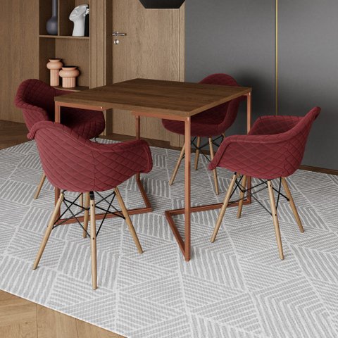 Jogo de Mesa Industrial Base Cobre Tampo Quadrado 90cm Amêndoa com 4 Poltronas Estofadas Vermelho