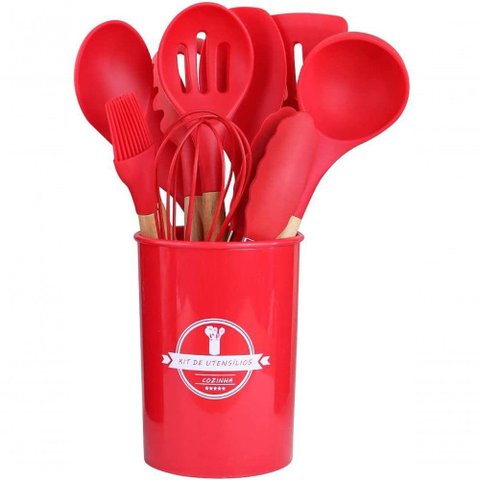 Jogo Utensilios de Cozinha em Silicone Madeira 12 Pecas Vermelho