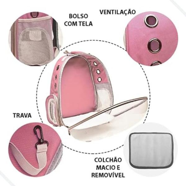 Mochila Pet Transporte Cães Gato Visão 360 Panorâmica Passeio Confortável: Cor:rosa - 6