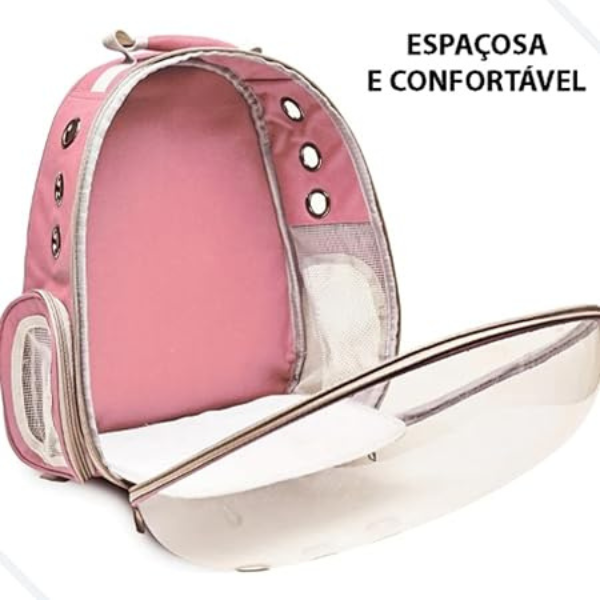 Mochila Pet Transporte Cães Gato Visão 360 Panorâmica Passeio Confortável: Cor:rosa - 5