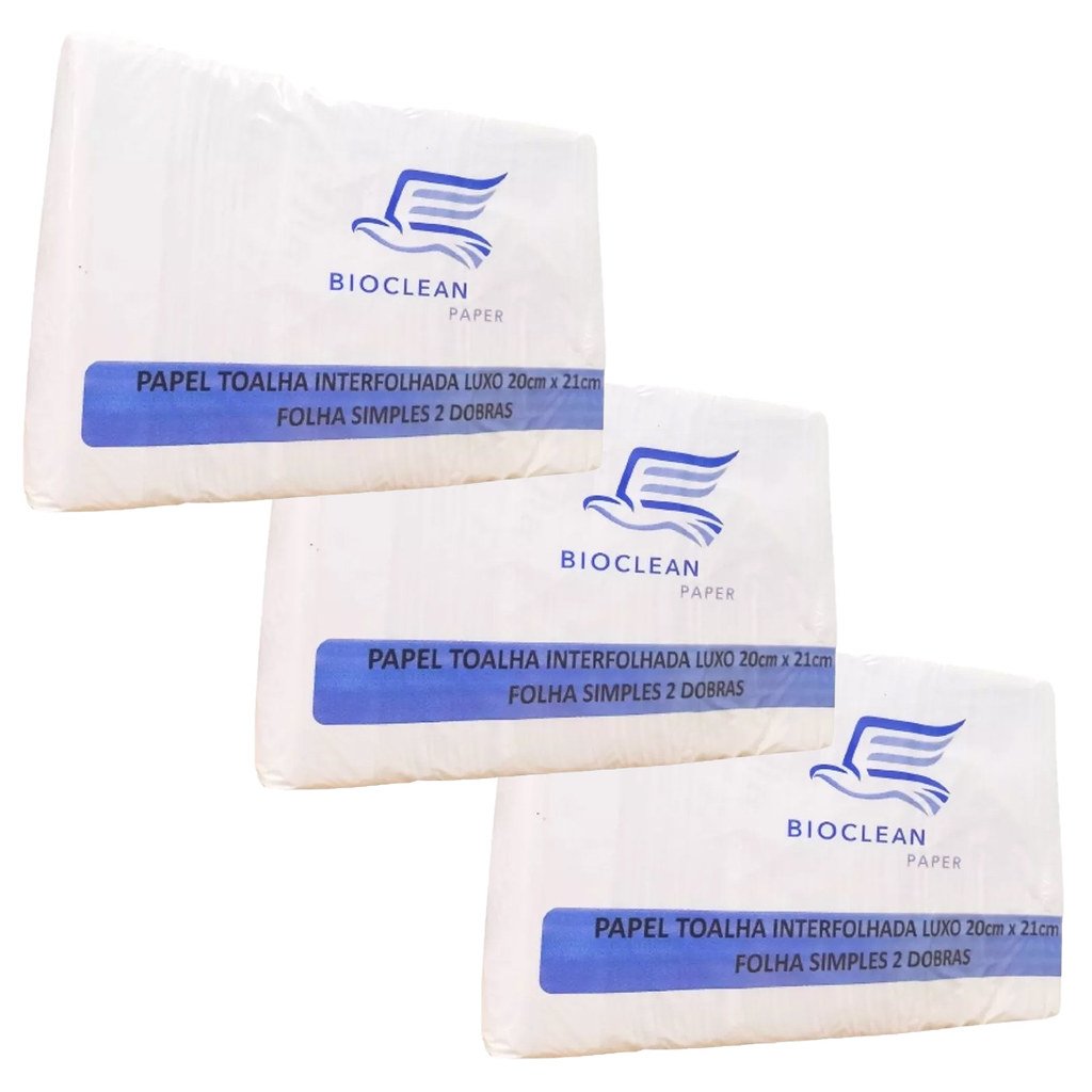 3 Pacotes Papel Toalha Interfolhado 20 X 21 Cm 1000 Folhas Bioclean Paper Luxo Branco - Kit 3000 Toa