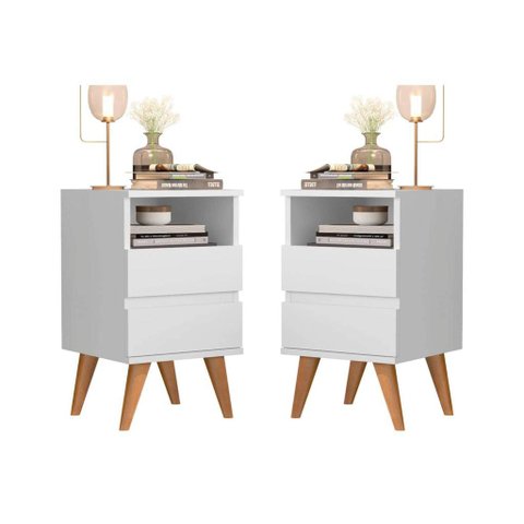 Conjunto 2 Mesa de cabeceira Retrô Pés Palito Em Madeira Maciça - Pop - Varias cores - Branco
