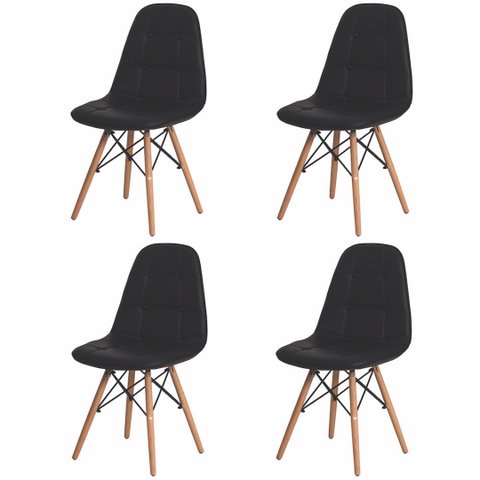 Conjunto Kit 4 Cadeiras Estofadas Charles Eames Botonê Preto com Base Madeira