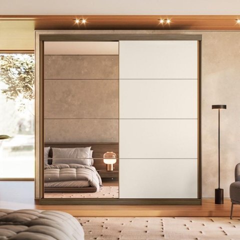 Guarda Roupa 2 Portas de Correr com Espelho 219 cm X 230 cm 100% MDF Cor:Nogueira e Areia