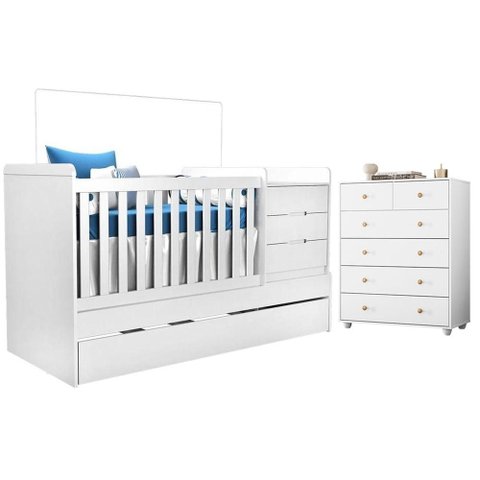 Berço Multifuncional Cléo com Cômoda Vittoria 6 Gavetas Branco - Móveis Albatroz