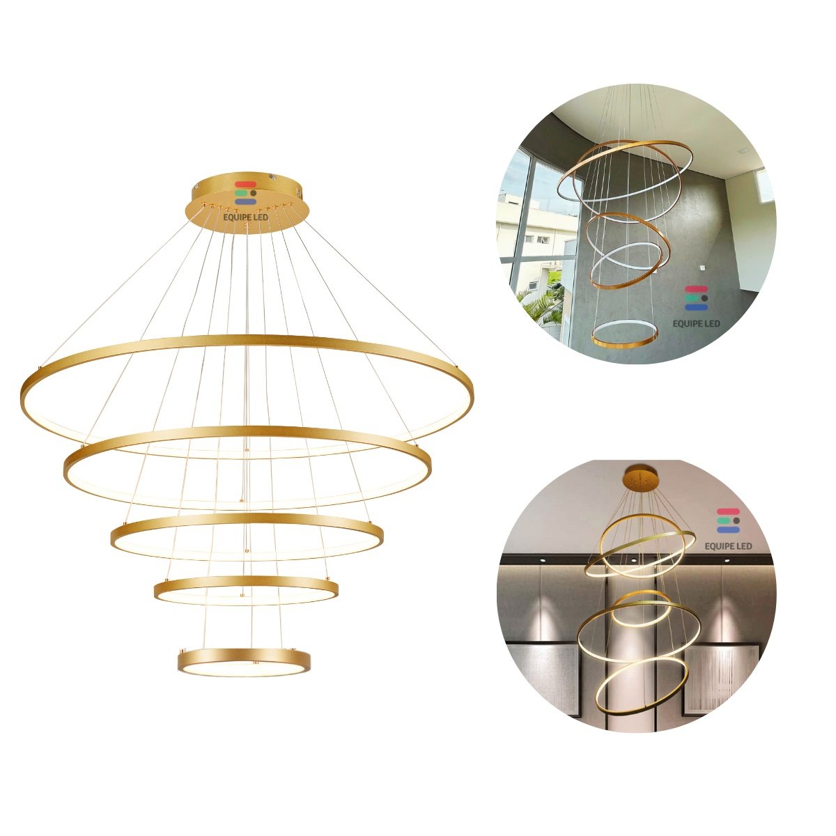 Lustre Pendente 5 Aneis Arcos 100cm Moderno Dourado Pe Direito Duplo Top Bivolt Equipe Led