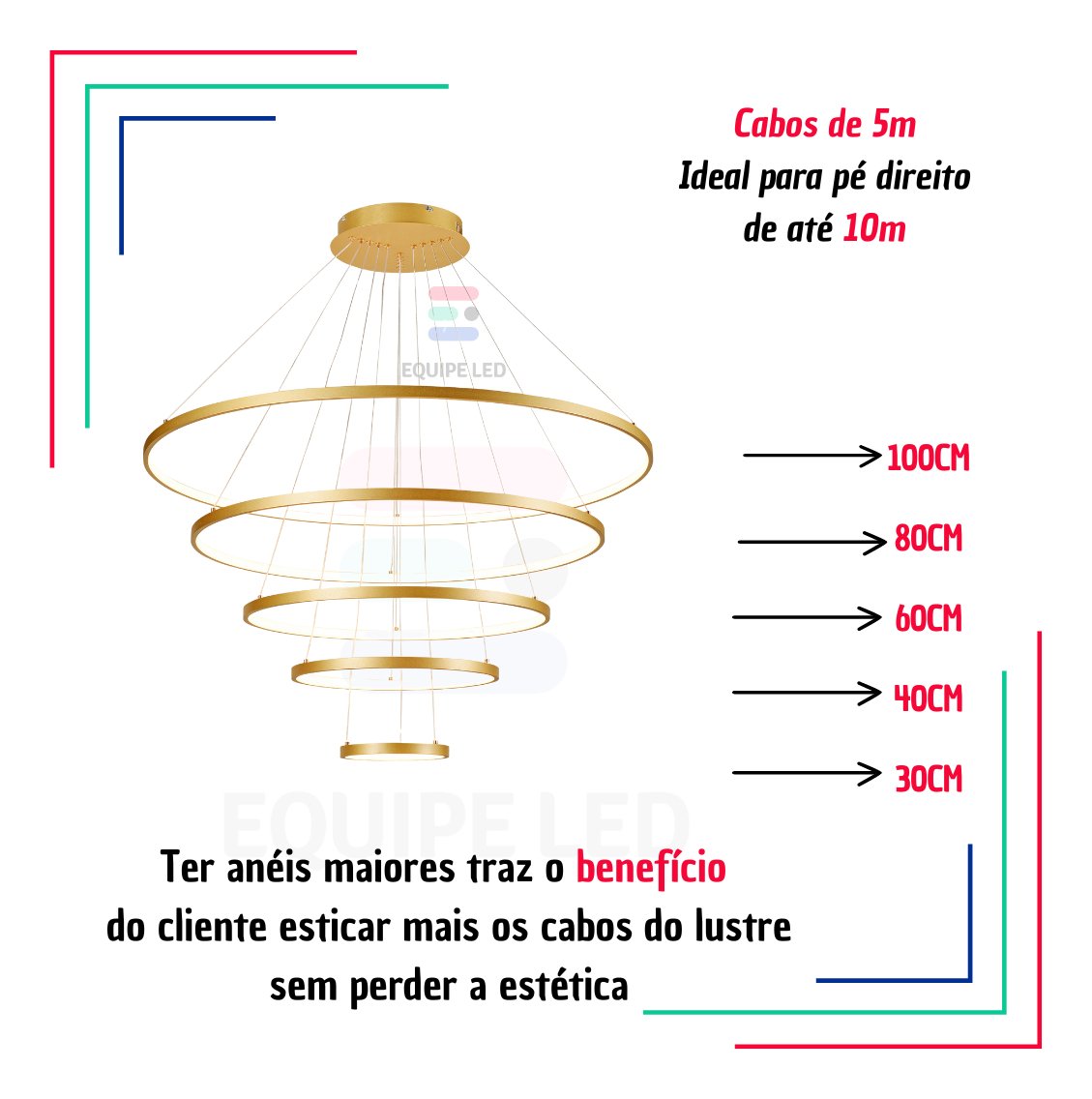 Lustre Pendente 5 Aneis Arcos 100cm Moderno Dourado Pe Direito Duplo Top Bivolt Equipe Led - 3