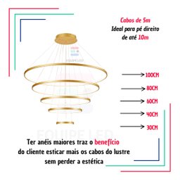 Lustre Pendente 5 Aneis Arcos 100cm Moderno Dourado Pe Direito Duplo Top Bivolt Equipe Led - 3