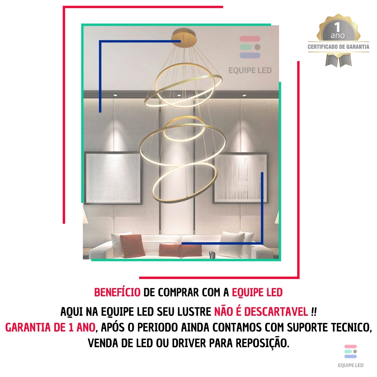 Lustre Pendente 5 Aneis Arcos 100cm Moderno Dourado Pe Direito Duplo Top Bivolt Equipe Led - 2