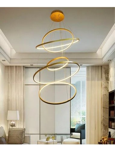 Lustre Pendente 5 Aneis Arcos 100cm Moderno Dourado Pe Direito Duplo Top Bivolt Equipe Led - 5