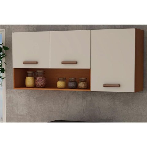 Armário Aéreo P/ Cozinha Essência C/ 3 Portas e 1 Nicho 120cm Freijo/white Laca - Genialflex