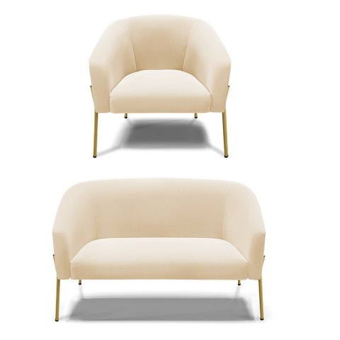 Sofá Namoradeira e Poltrona Pé de Ferro Dourado Stella Suede D03 - D'Rossi Bege