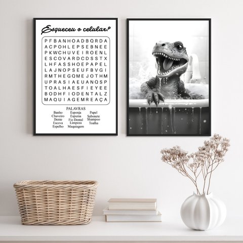 Kit 2 Quadros Banheiro Infantil - Dinossauro 33x24cm - com Vidro:madeira Preta